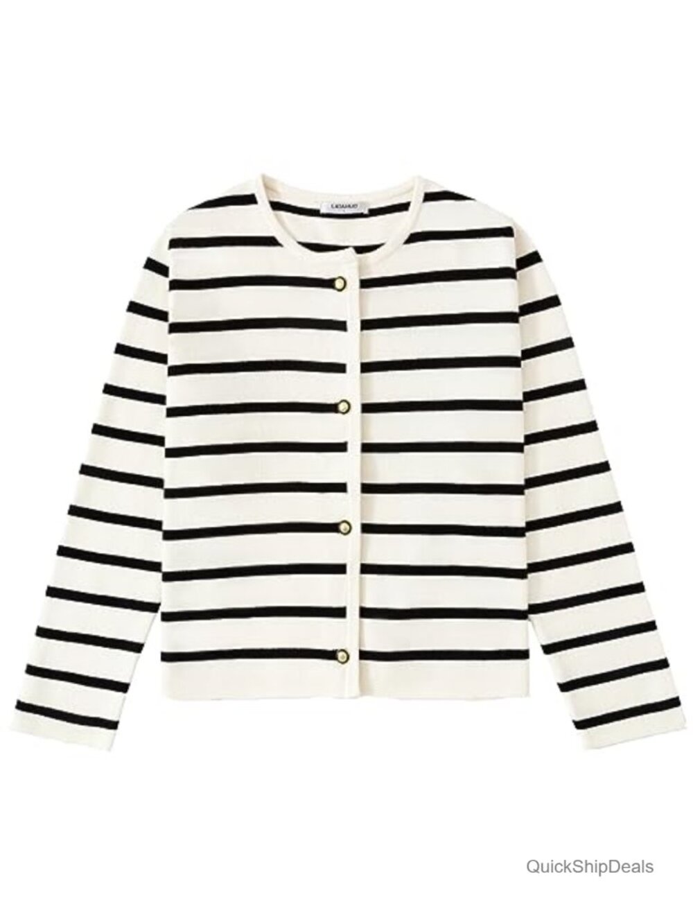 Striped Button Down Crewneck Knit Cardigan Long Sleeve Sweater